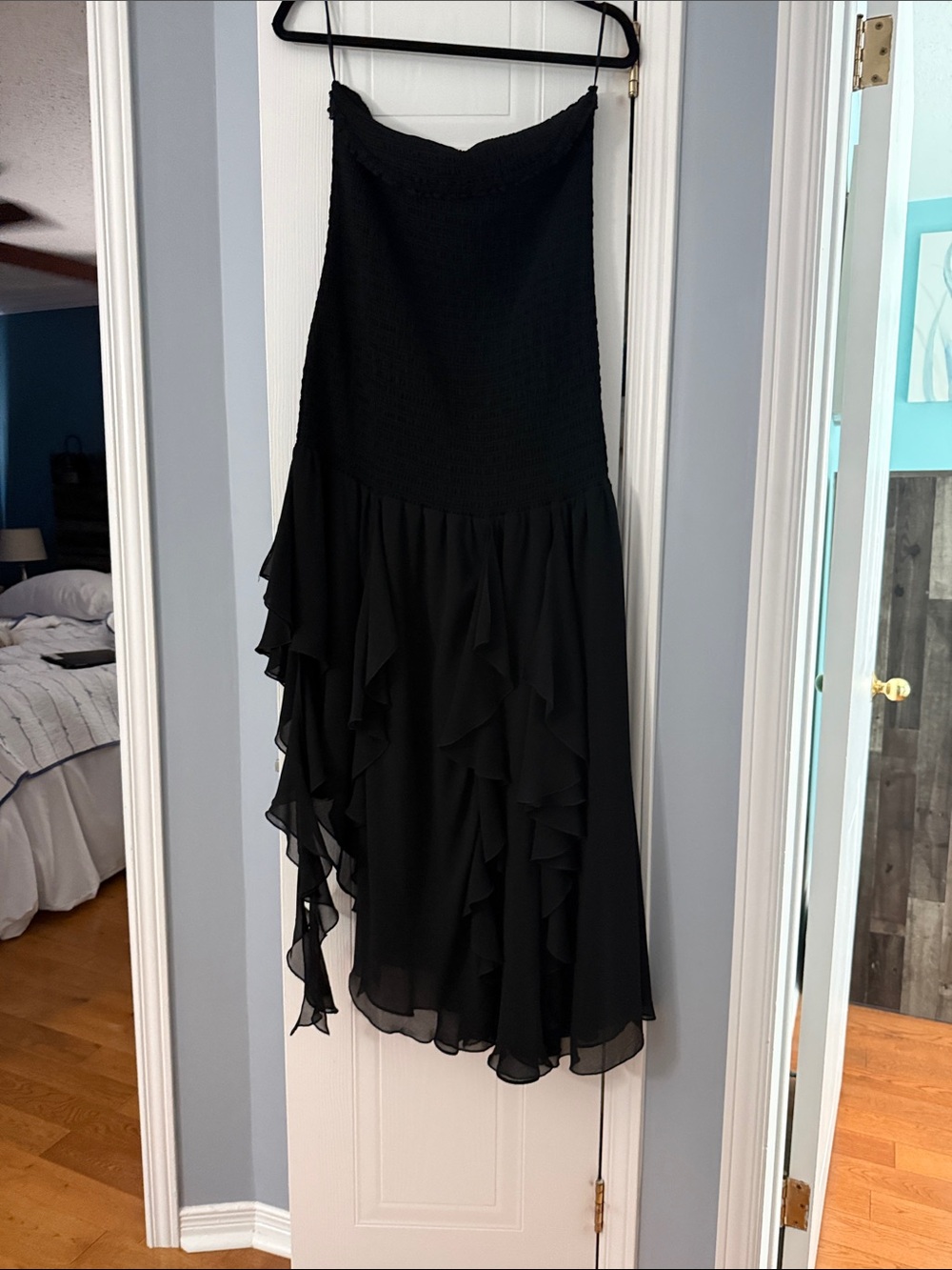 Strapless Black Ruffle Evening Dress